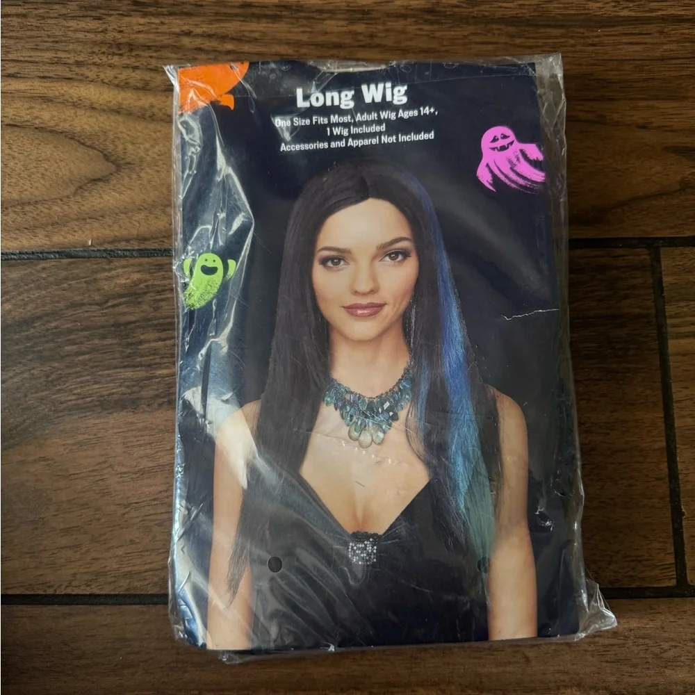 WOMANS Long Black Costume Wig with Blue Highlights adult 14+